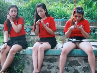 Watch this JAV slut fish with her friends, enjoy an enticing upskirt peek!